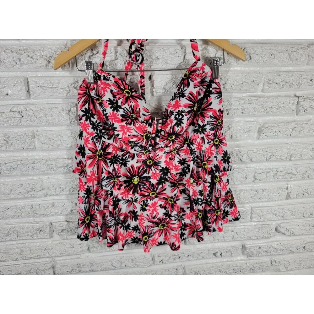 Catalina Womens Swim Top 1X Halter Tiered Pink Floral Built in Bra FLO174E